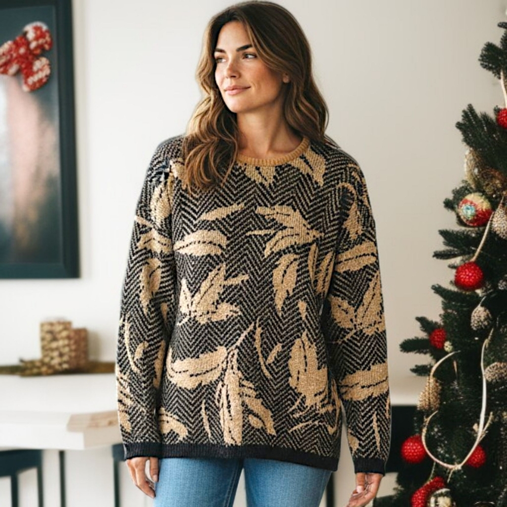 Vtg Imari Metallic Gold Leaves‎ Sweater L 90s Grannycore Cozy Winter Black Gold